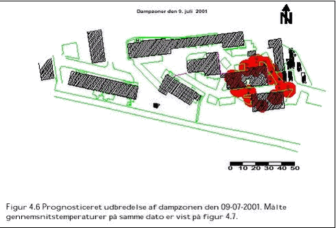 Figur 4.6 Prognosticeret udbredelse af dampzonen den 09-07-2001