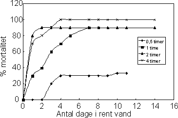 Figur 21. Forsinket mortalitet hos Gammarus pulex efter eksponering til 1 µg l-1 esfenvalerat i hhv. 0,5, 1, 2 og 4 timer