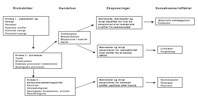 Figur 4.1: Eksempler på årsagssammenhænge i de kemiske, biologiske og fysiske processer, der leder fra risikokilder til evt. konsekvenser/effekter, og som søges karakteriseret ved vurdering/analyse af en risiko.