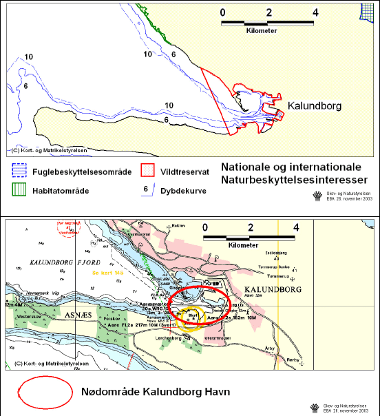 Figur 3.11 Regionplanskort, kort med naturbeskyttelsesinteresser samt søkort der angiver nødområde i Kalundborg Havn