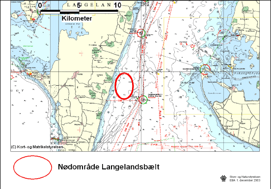 Figur 3.15 Regionplanskort, kort med naturbeskyttelsesinteresser samt søkort der angiver nødområde ved Langelandsbælt S fyr