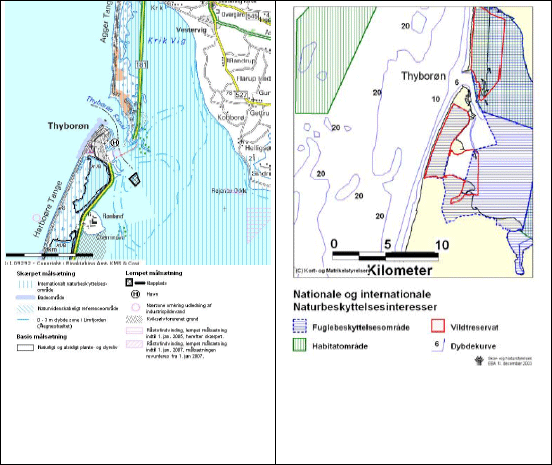 Figur 3.2 Regionplanskort, kort med naturbeskyttelsesinteresser samt søkort der angiver nødområde i Thyborøn Havn