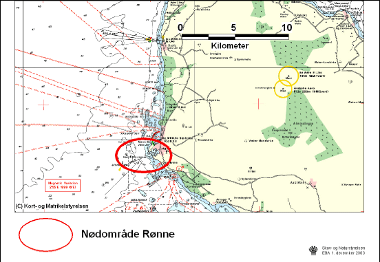 Figur 3.20 Regionplanskort, kort med naturbeskyttelsesinteresser samt søkort der angiver nødområde i Rønne Havn