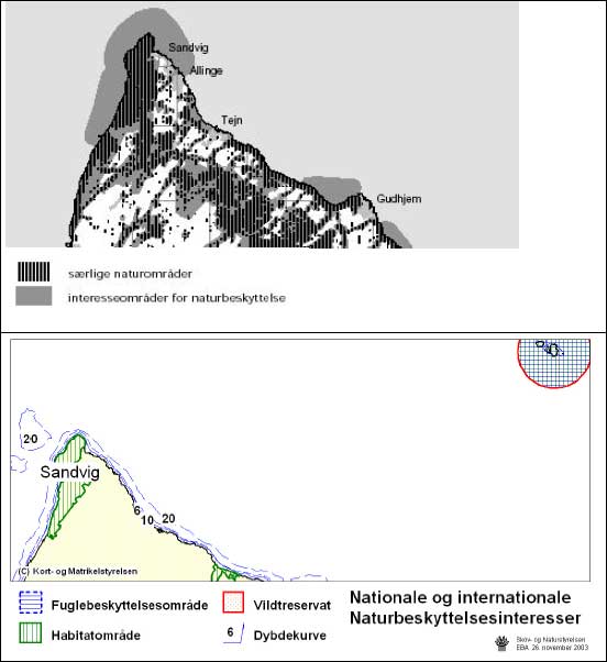 Figur 3.21 Regionplanskort, kort med naturbeskyttelsesinteresser samt søkort der angiver nødområde ved Tejn.