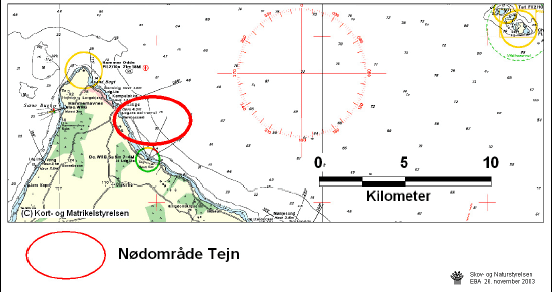 Figur 3.21 Regionplanskort, kort med naturbeskyttelsesinteresser samt søkort der angiver nødområde ved Tejn.