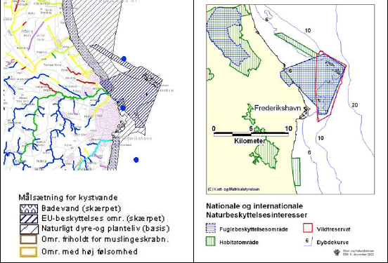 Figur 3.6 Regionplanskort, kort med naturbeskyttelsesinteresser samt søkort der angiver nødområde i Frederikshavn Havn