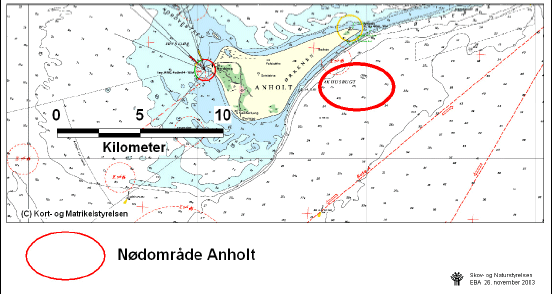 Figur 3.7 Regionplanskort, kort med naturbeskyttelsesinteresser samt søkort der angiver nødområde ved Anholt