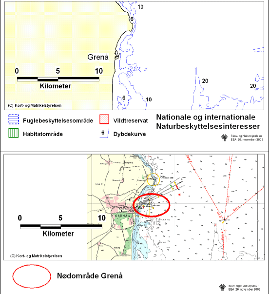 Figur 3.8 Regionplanskort, kort med naturbeskyttelsesinteresser samt søkort der angiver nødområde i Grenå Havn