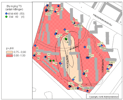 Figur 6.10 Sandsynligheden for at en prøve udtaget et givet sted er større end JKK (Bly-koncentrationerne i prøvepunkterne er vist) i 0,1 m’s dybde