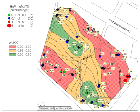 Figur 6.15 Sandsynligheden for at en prøve udtaget et givet sted er større end JKK (BaP-koncentrationen i prøvepunkterne er angivet eksakt)