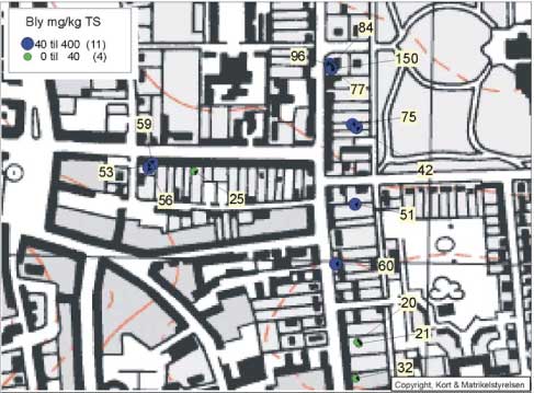 Figur 9.10 Kort over blymålinger i 0,1 m’s dybde. testareal F - Sct. Knudsgade
