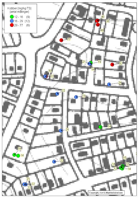 Figur 11.8 Kort over kobberdata I 0,1 m’s dybde. Testareal H - Sorøvej