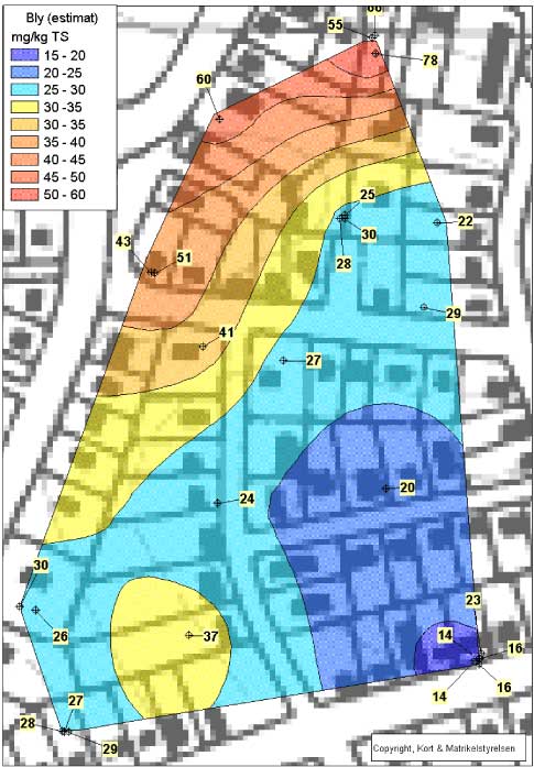 Figur 11.12 Estimat for koncentration af bly (Blykoncentrationen i prøvepunkterne er angivet eksakt)