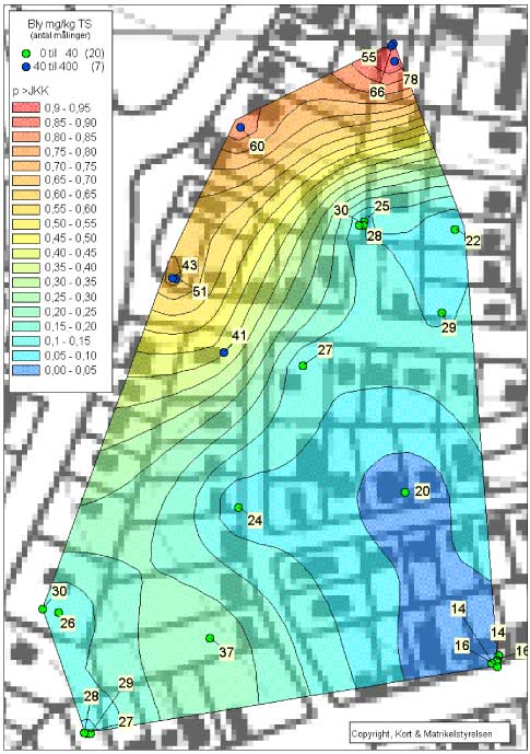 Figur 11.13 Sandsynligheden for at en prøve udtaget et givet sted er større end JKK. (Blykoncentrationen i prøvepunkterne er angivet eksakt)
