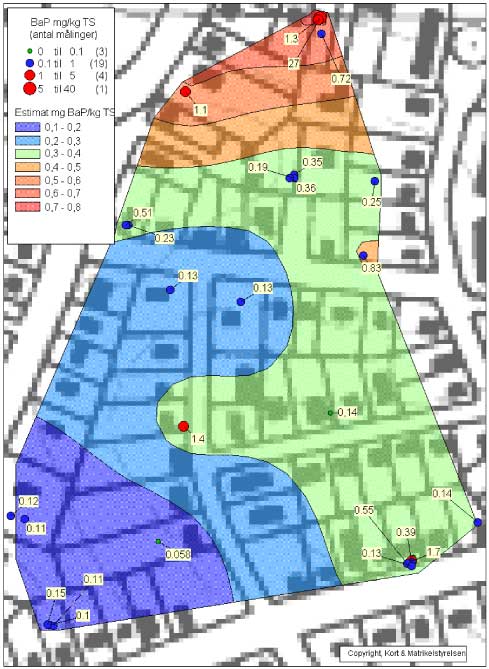 Figur 11.16 Estimat for BaP-koncentrationen. testareal H- Sorøvej (BaP-koncentration i prøvepunkterne er angivet eksakt)