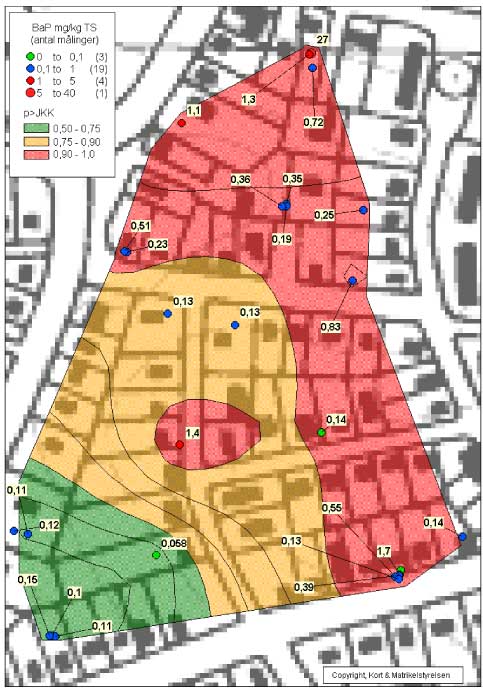 Figur 11.17 sandsynligheden for at en prøve udtaget et givet sted er større end JKK. BaP-koncentrationen i prøvepunkterne er angivet eksakt)