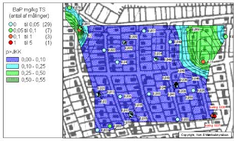 Figur 12.11 Sandsynligheden for at en prøve udtaget et givet sted er større end JKK. (BaP-koncentrationen i prøvepunkterne er angivet eksakt)
