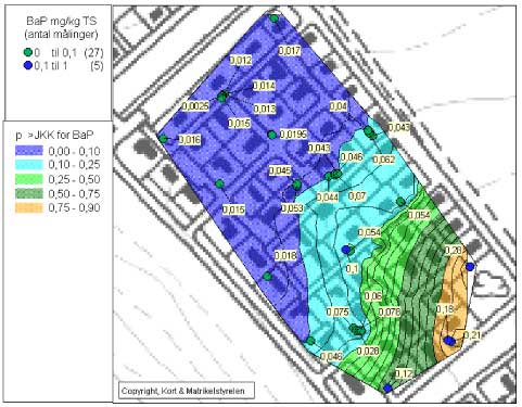 Figur 13.12 Sandsynligheden for at en prøve udtaget et givet sted er større end JKK. (BaP-koncentrationen i prøvepunkterne er angivet)