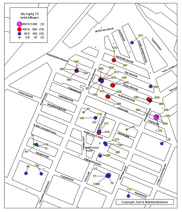 Figur 3.10 Kort som viser blydata i 0,1 m’s dybde