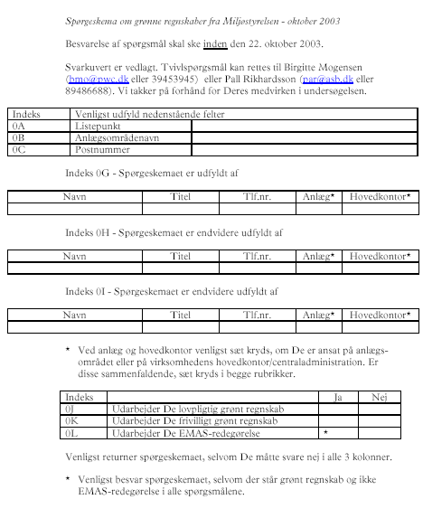 Det anvendte sp&oslash;rgeskema