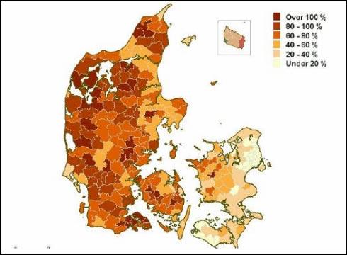 Figur 5. Fordeling af husdyrgødning (dyreenheder). Lave tal viser, at der er plads til at aftage slam, mens der ikke er plads ved 100%. Figuren er venligst stillet til rådighed af Dansk Jordbrugs Økonomisk Institut.