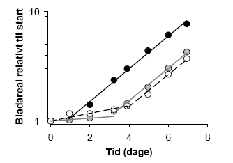 Figur 18. Udviklingen i bladareal over til for kontrolplanter (Sorte symboler), og planter udsat for en metsulfuron-methyl puls på henholdsvis 33 nM/12,5 μg l<sup>-1</sup> (Grå symboler) og 66 nM/25 μg l<sup>-1</sup> (Hvide symboler). Bladarealet er relativt til arealet af planten ved start, som er sat til 1 (<em>n</em> = 3, for kontrol <em>n</em> = 12). Notér log-skala.