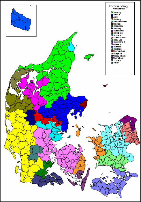 Figur 8.10 Oplandsområder til forbrændingsanlæg, fuldkommen konkurrence 6% (”den perfekte plan”) år 2024