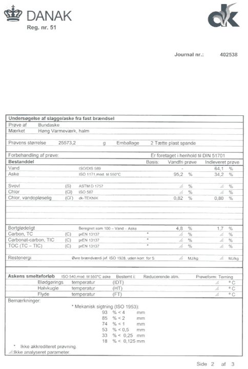 Prøvningsrapport - Undersøgelse af fast brændsel, side 2 af 3