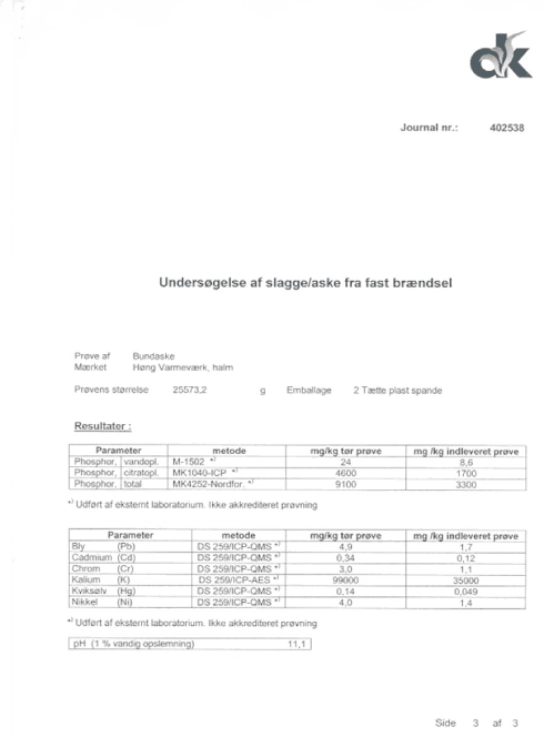 Prøvningsrapport - Undersøgelse af fast brændsel, side 3 af 3