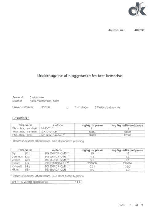 Prøvningsrapport - Undersøgelse af fast brændsel, side 3 af 3