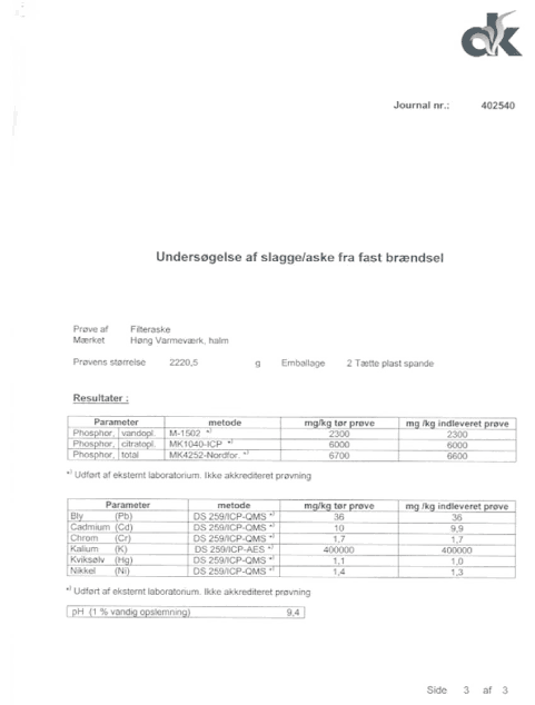 Prøvningsrapport - Undersøgelse af fast brændsel, side 3 af 3