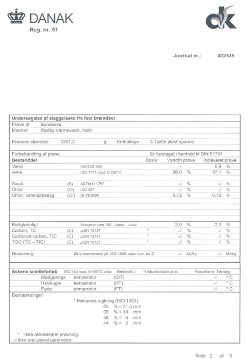 Prøvningsrapport - Undersøgelse af fast brændsel, side 2 af 3