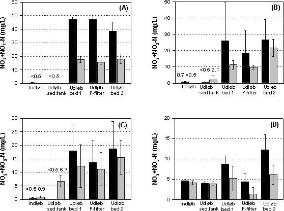 Figur 5.10 Gennemsnitlig (± 1 standardafvigelse) koncentration af NO2+NO3-N i de fem målepunkter i forsøgsanlægget. (A) Målekampagne 1 og 2; (B) kampagne 3 og 4; (C) kampagne 5 og 6; og (C) kampagne 7 og 8. Fyldte søjler er kampagner uden recirkulering af afløbsvand til bundfældningstanken; grå søjler er kampagner med recirkulering.