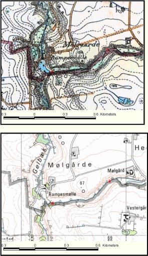 Figur 7.4. Voldby Bæk ved Mølgårde på henholdsvis Generalstabskort fra ca. 1870 og på nutidigt 4 cm topografisk kort. Indtegnet på figuren er to stationer, hvor der den 24.7.2003 tilnærmet synkront blev målt vandføring. Den undersøgte vandløbsstrækning er afgrænset af de to vandføringsstationer.