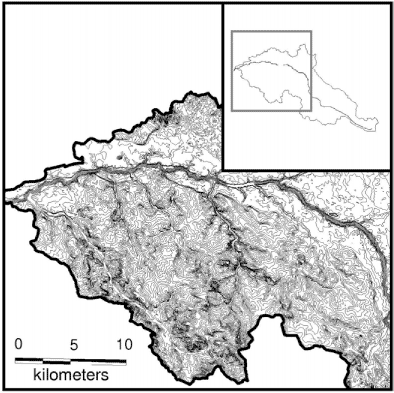 Figur 8.3. Kurveplan for den nederste del af Storå oplandet. 2.5 m ækvidistance.