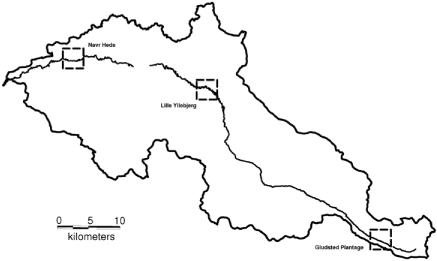 Figur 8.12. Delstrækninger langs Storåen for hvilke Strømningsvarianter er klassificeret: Gludsted Plantage (øvre løb), Lille Yllebjerg (midterste løb), og Navr Hede (nedre løb).