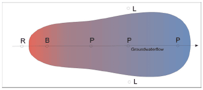 Figure 4. Diagram of a plume and the sampling strategy (left cross section, right top view), with monitoring wells in the source (B), in the plume parallel to the flow line (P), in the plume at right angles to the flow line (L) and upstream from the source (R)