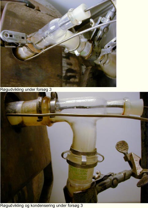 Fotos: Røgudvikling under forsøg 3 og Røgudvikling og kondensering under forsøg 3