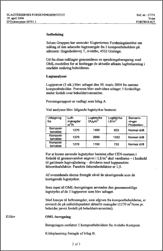 Analyserapport fra Slagteriernes Forskningsinstitut for lugtprøver udtaget fra biofilter den 20. marts 2004. Side 3 af 3