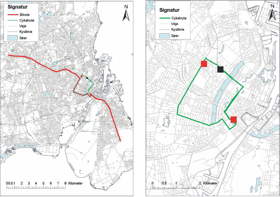 Figur 6-1. Bilrute og cykelrute i Storkøbenhavn. Cykelruten er vist detaljeret på højre side. Start- og slutpunkt er ved den sorte firkant og 2 stationære målestationer for luftforurening på henholdsvis Jagtvejen og på H C Andersens Boulevard er markeret med røde firkanter. © Gengivet med tilladelse fra Kort- & Matrikelstyrelsen.