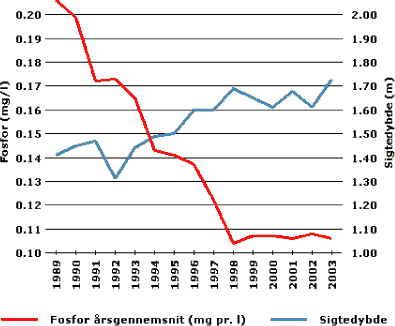 Indikatoren viser udviklingen i fosforkoncentration og sigtedybde i 27 danske ferskvandssøer for perioden 1989-2003.