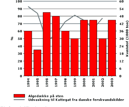 Indikatoren viser sammenhængen mellem udledning af kvælstof fra danske vandløb og punktkilder til Kattegat og dækningsprocenten af havalger.