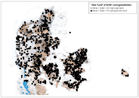 Figur 3.10. Arealmæssig fordeling af "Ikke Fund" af BAM i BK som funktion af vandets alder defineret ved summen af nitrat og sulfat