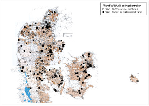 Figur 3.9. Arealmæssig fordeling af "Fund" af BAM i BK som funktion af vandets alder defineret ved summen af nitrat og sulfat