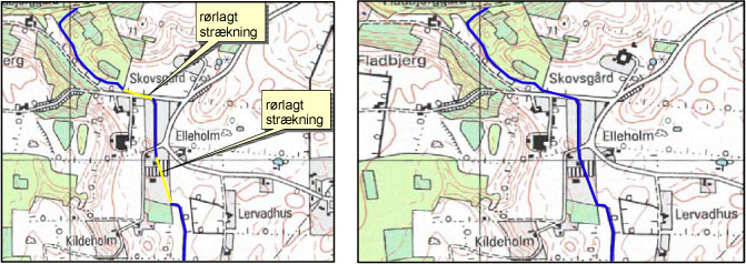 Figur 3.1. Eksempel hvor rørlagte strækninger, som danner huller i vandløbsnetværket (til venstre) udfyldes, så netværket bliver sammenhængende (til højre).