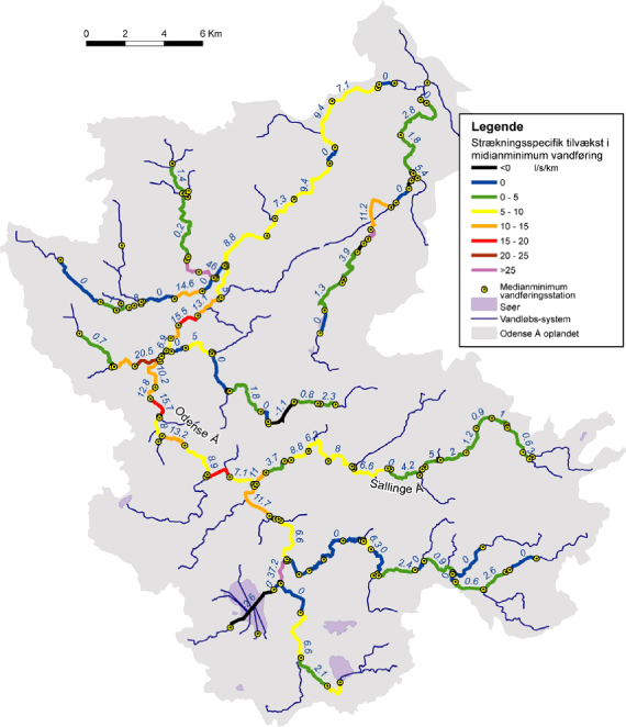 Figur 3.9. Strækningsspecifik tilvækst i medianminimum vandføring (l/s/km vandløb) i Odense Å oplandet.