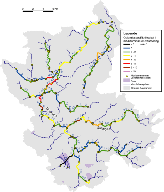 Figur 3.10. Oplandsspecifik tilvækst i medianminimum vandføring (l/s/km² topografisk opland) i Odense Å oplandet.