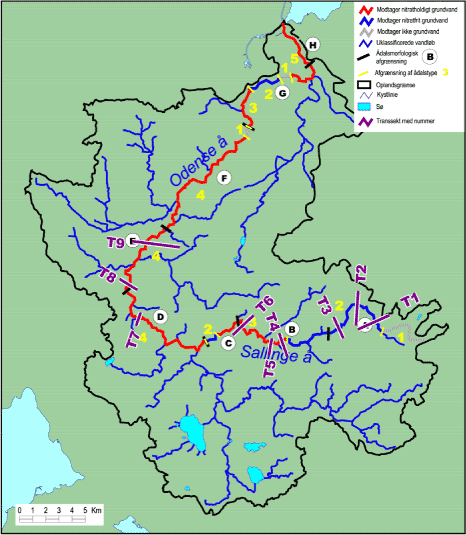 Figur 4.4. Beliggenhed af transsekt T1 til T9 indenfor Ådalstype 2, 3 og 4 (delvist efter Dahl et al., 2004).