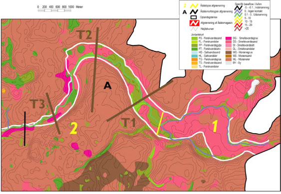 Figur 4.6. Beliggenhed af transsekt T1 til T3 for strækning langs Sallinge Å klassificeret som Ådalsstype 2 (transsekt T1 har dog vist sig at være en Ådalstype 3). Delvist efter Dahl et al. (2004).