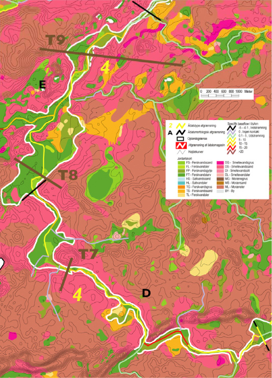 Figur 4.9. Beliggenhed af transsekt T7 til T9 for Ådalstype 4 (delsvist efter Dahl et al., 2004).